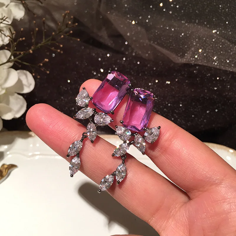

Luxury Temperament Clear Leaves Colored Zircon Long Drop Earrings For Women Wedding Engagement Fashion Jewelry Gifts
