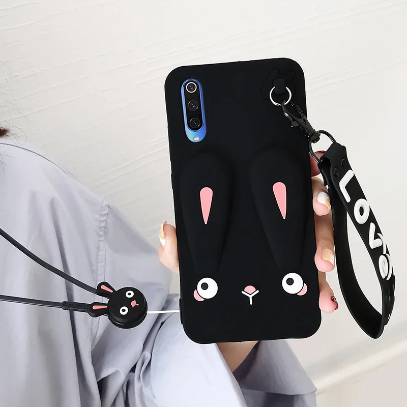 Очаровательный чехол для телефона Xiaomi Redmi Note 7 MI 9 MI 9SE MI 8 безопасный силиконовый чехол для телефона с кроликом с милыми шортами+ длинный ремешок