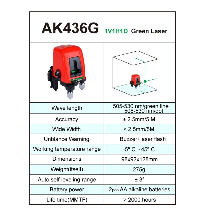 ACUANGLE AK436G Nivel Laser Level 2Line 1 Dots 1V1H 360 degree Self-leveling Cross horizontal vertical Green Line Lazer Levels |