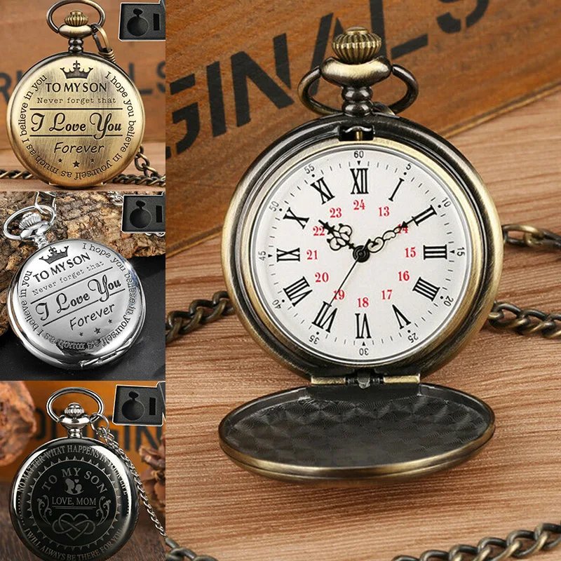 

Quartz Pocket Watch Numeral To My Son Love Roman Round Display Vintage with Gift Box LL@17