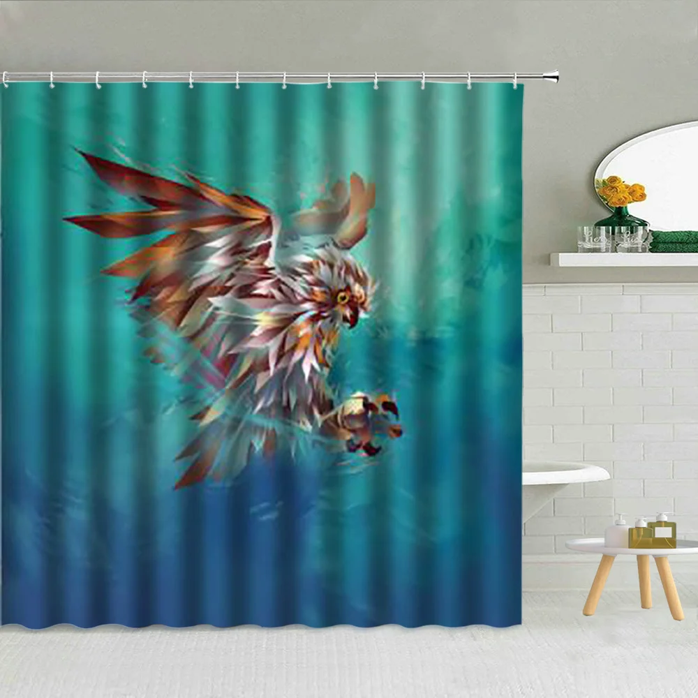 

Fierce Eagle Spread Wings Shower Curtain Star Sky Planet Sea Waves Wild Animal Flying Scenery Bathroom Decor Waterproof Curtains