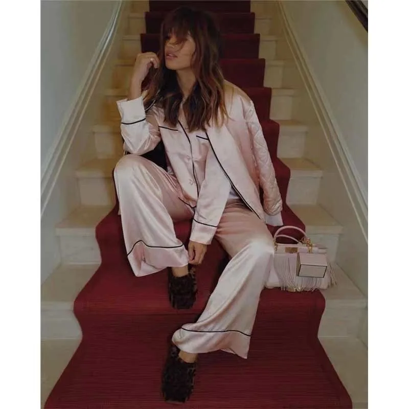 Sets Women Pajamas Spring Pink Silk Sets Long-sleeved Embroidered Shirt High-waisted Wide Straight Leg Pants