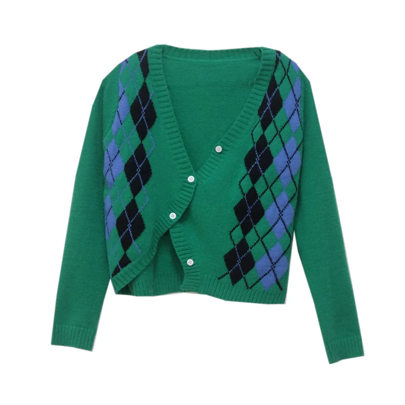 Зеленый ромбовидный вязаный кардиган пальто новый дизайн 2021 короткий