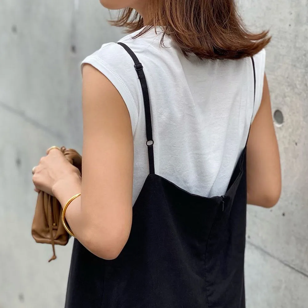 

2020 Summer Autumn Women OL Dress Casual Leisure Spaghetti Strap Pure Black Simple Dress Japanese Style Maxi Dress Vestidos