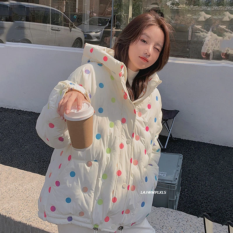 2020 зимнее милое пальто с капюшоном в цветной горошек для девочек женские парки