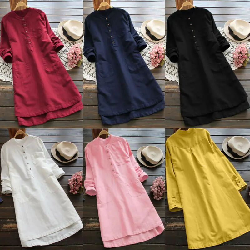 Плюс размер женское хлопковое свободное вечернее платье с длинными рукавами