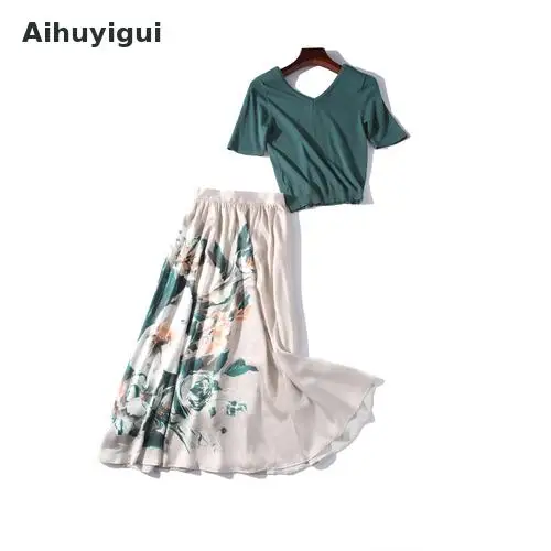 

Aihuyigui Women Green V-neck Short-sleeved Knit Pullovers Sweater Top Suit+print A-line Skirt Stylish Slim Two-piece Suit Dr630