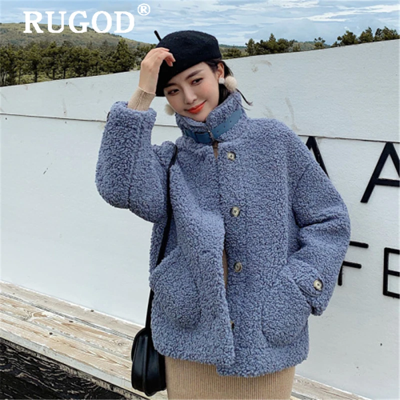 RUGOD/Винтажные однотонные пальто с изображением волка, женские корейские однобортные зимние меховые шубы, Женская мода, новая утепленная флисовая куртка, пальто