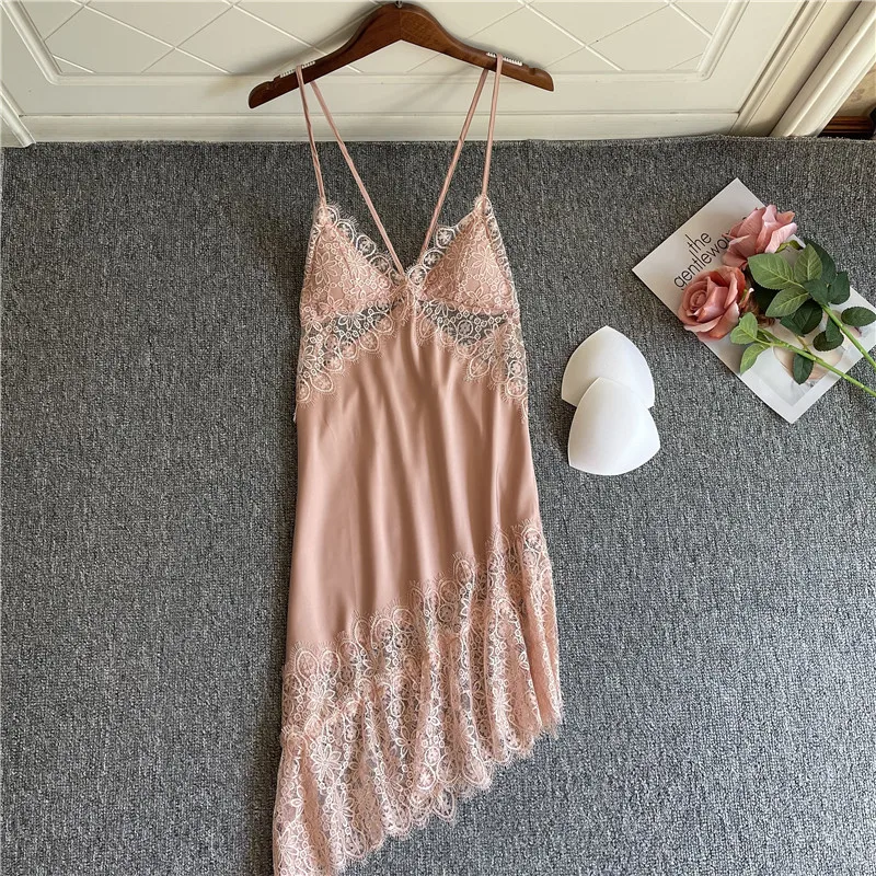 

Nightgown Sexy Patchwork Lace Temptation Intimate Lingerie Summer Women Silky Soft Satin Suspenders Nightdress Mini Home Dress