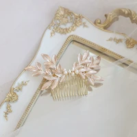 simple gold leaf women comb bridal hair piece pearls jewelry handmade wedding party hair accessories