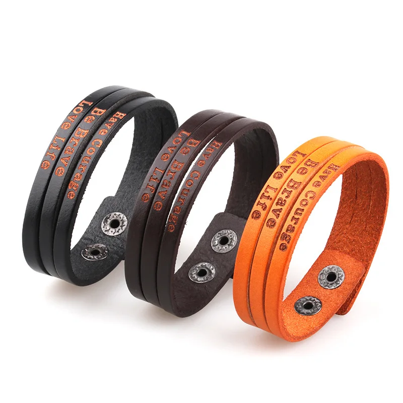 

New Fashion Retro Love Letter Leather Bracelet Simple Snap Button Leather Men's Bracelet Jewelry Men Bracelet