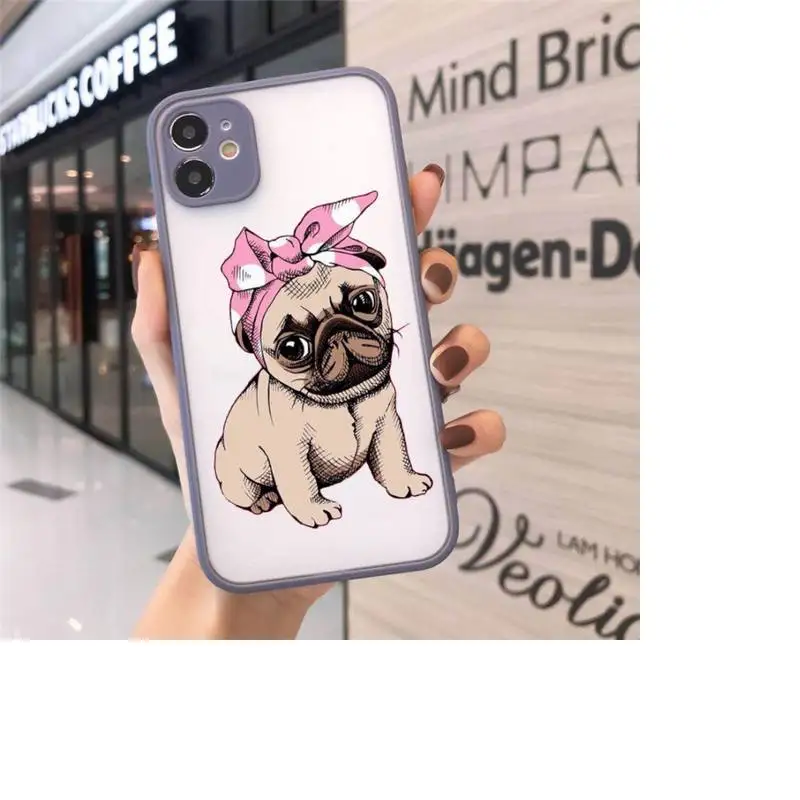 

Cute dog puppy Pug Bulldog Phone Case For iPhone 12 11 Mini Pro XR XS Max 7 8 Plus X Matte transparent Gray Back Cover