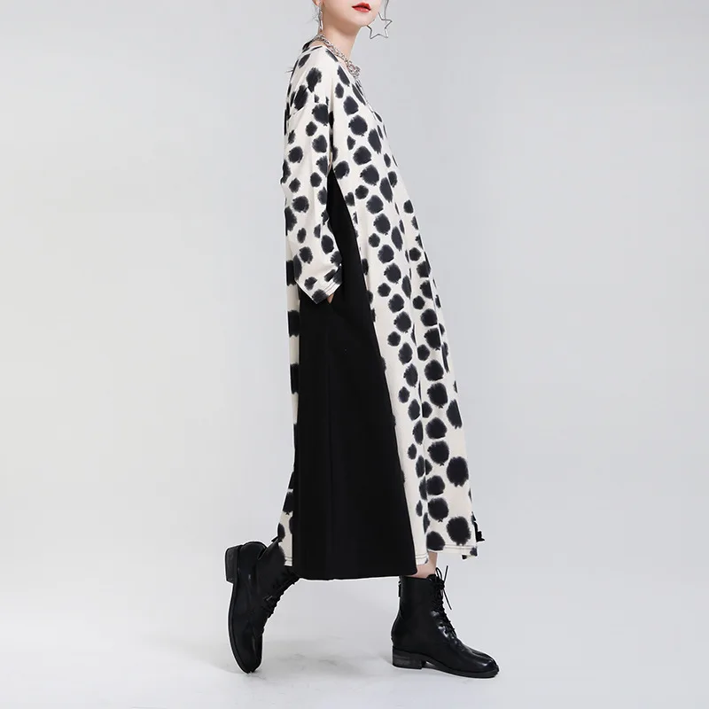 

TVVOVVIN Women 2021 Spring Dress New O-neck Long Sleeve Contrast Print Irregular Splicing Mid Length Dress F170