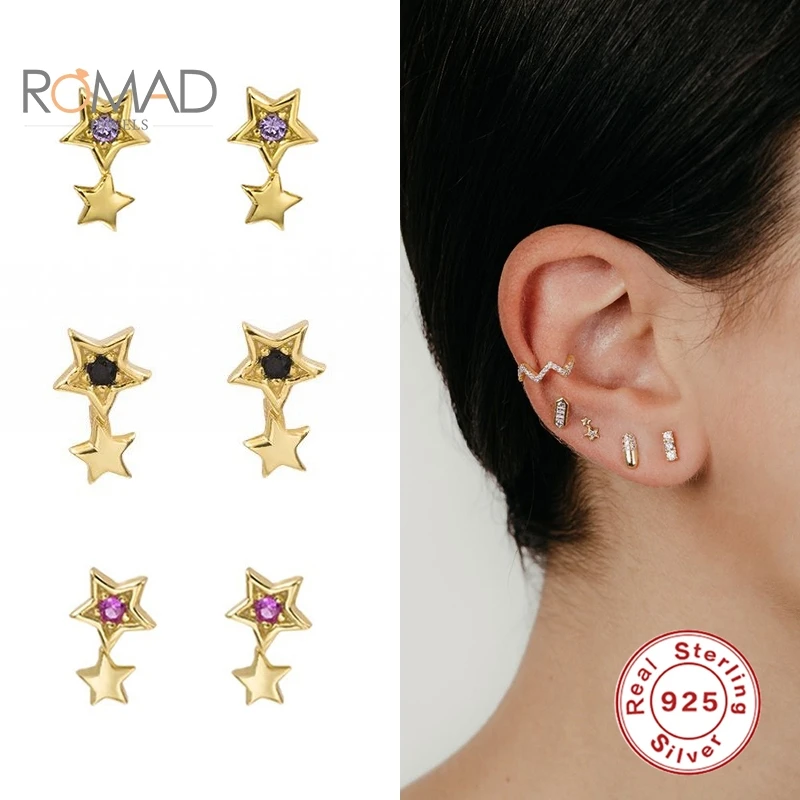 ROMAD 925 стерлингового серебра простой и брелоком в форме звезды серьги мини цвета: фиолетовый черный циркон со