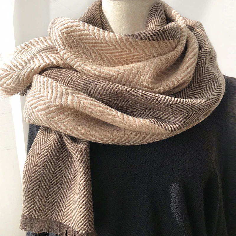 

100% Real Wool Scarves Women Winter Warm Neck Scarf Luxury Stripe Shawls and Wraps For Ladies Merino Wool Scarf Pashmina