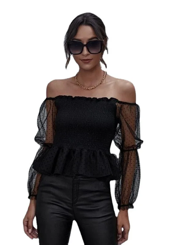 

New Sexy Off Shoulder Ladies clothes Solid Color Pleated Fashion Women Long Summer Fashion Sheer Long Sleeve Lace Frill Tops