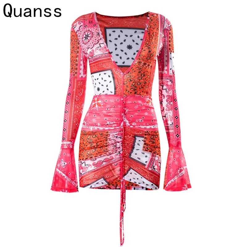 

Quanss Spring Long Sleeve Deep V Neck Mesh Sexy Dress Women 2021 Summer Print Draw String Bodycon See Through Club Mini Dresses