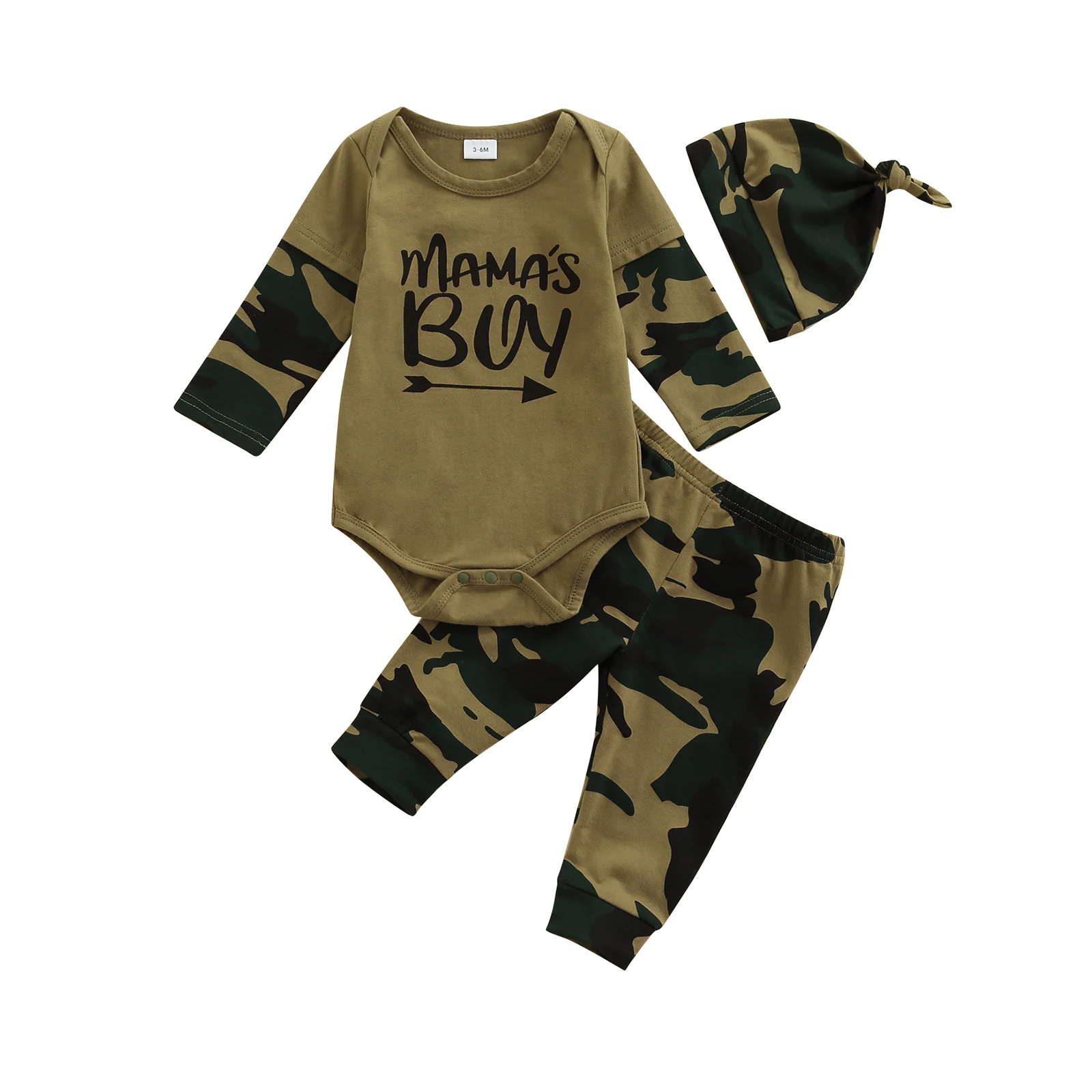 

Bmnmsl 2 Pieces Baby Suit Set Letter Print O-Neck Long Sleeve Romper+ Camouflage Print Trousers+ Hat for Spring Fall 0-18 Months