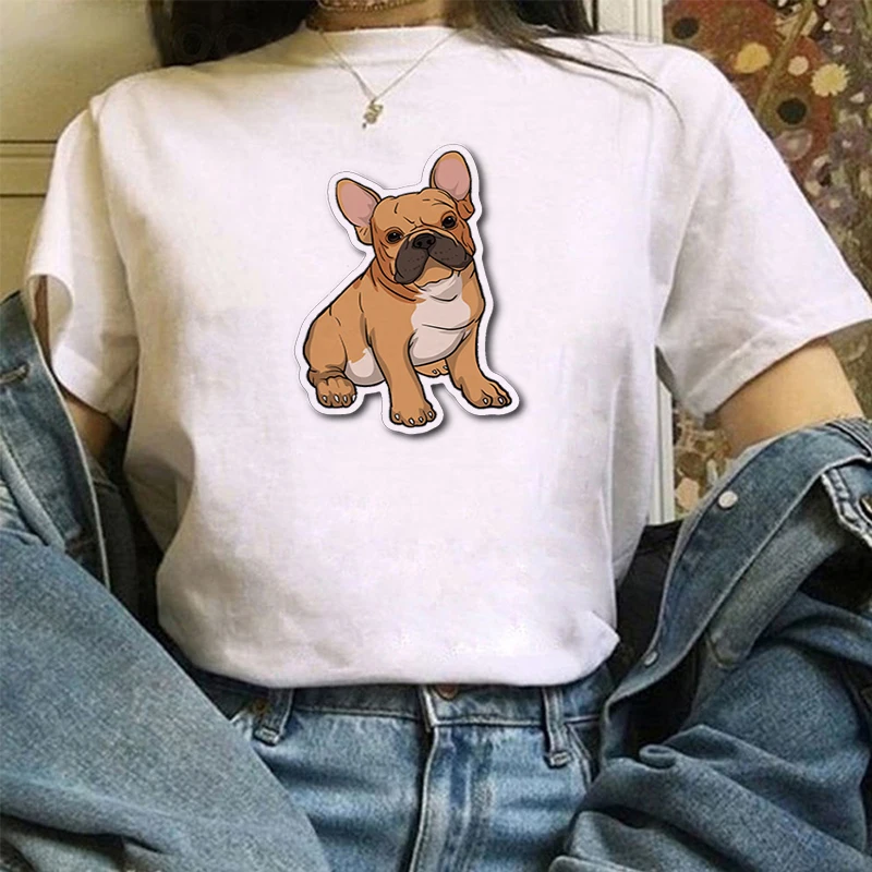 

Bulldog Cute T-shirts Women Short Sleeve T-shirt Summer Women's Female Women-clothing White Tops Fashion Woman Crop Top for 2021