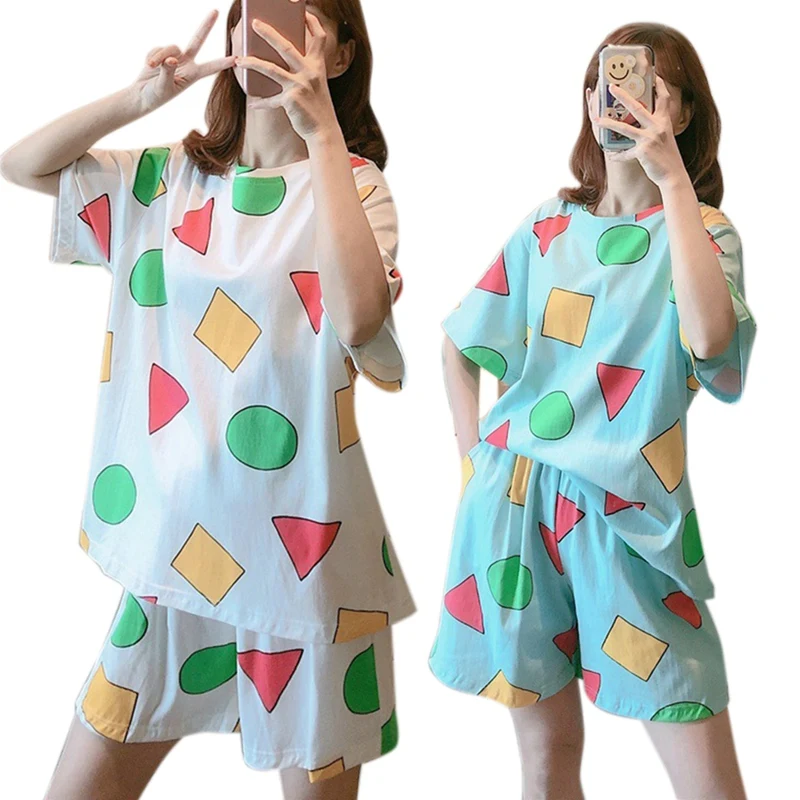 

Пижама с коротким рукавом Корейская мультяшная свежая и тонкая Домашняя одежда 4 предмета Белый M и синий XL