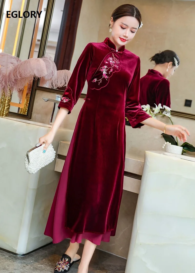 

Top Quality New 1950s Style Dess 2020 Autumn Winter Vintage Party Woman Luxurious Embroidery 3/4 Sleeve Mid-Calf Velvet Dress