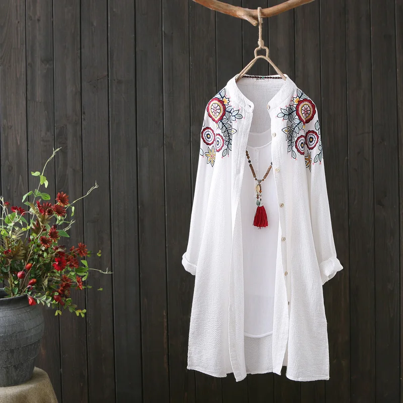 

Women White Shirt 100% Cotton Embroidery Long Sleeve Button Up Blouse 2021 New Fashion Loose Top Office Lady Casual Wear