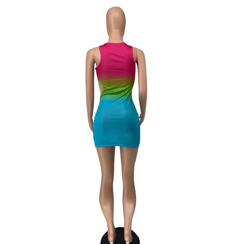 

Rainbow Halter Women Sexy Hollow Out Summer Beach Mini Dresses