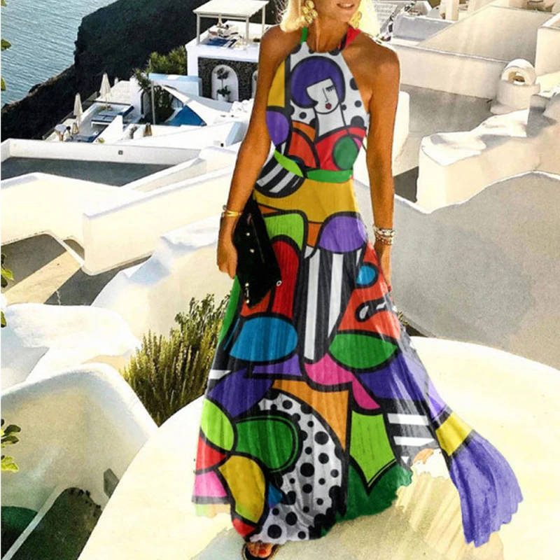 

Summer Sleeveless Elegant Boho Party Dress Fashion Sexy Halter Print Pleated Long Dress Women Sweet O Neck Beach Maxi Dress XXL