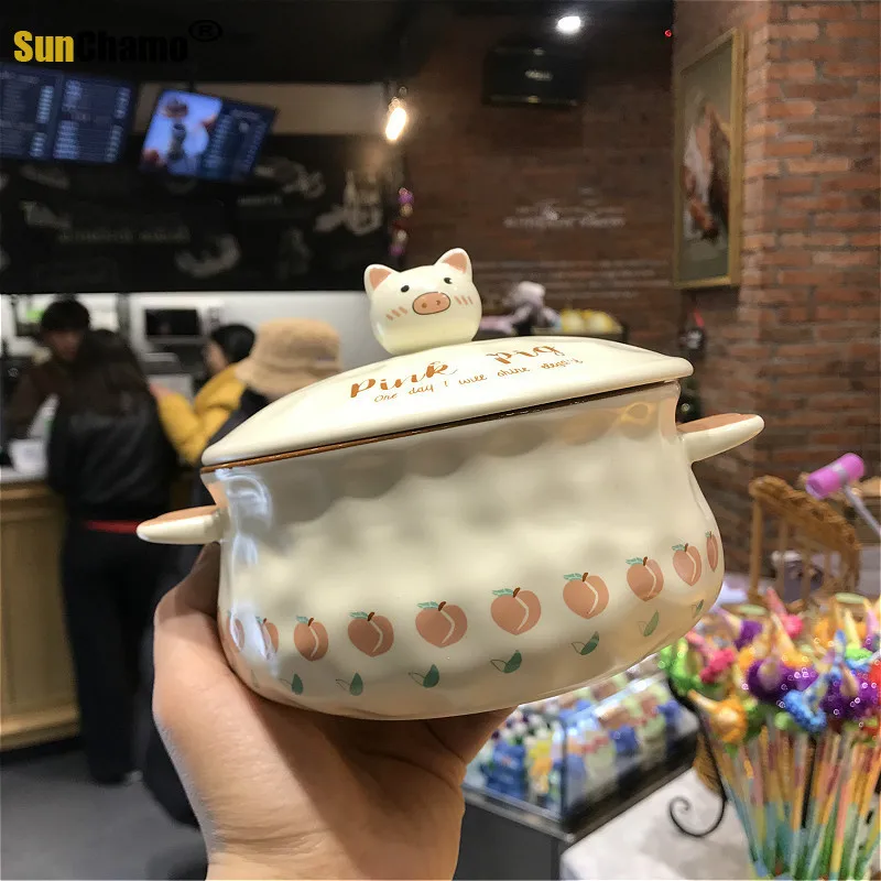

Чаша с крышкой, вилка, ложка, чаша для рамен, чаша для риса, салата, закуска, чаша, мультяшная свинка, семейная Коммерческая посуда, чаша, лапша