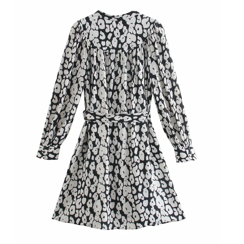 

Women Summer Vintage Print Mini Dress Sashes Bow Tie Long Sleeve V-Neck Female Elegant Fashion Street A-Line Dresses Vestidos