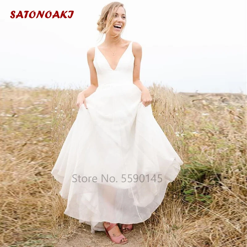 Шифоновое пляжное свадебное платье в стиле бохо женское невесты с V образным