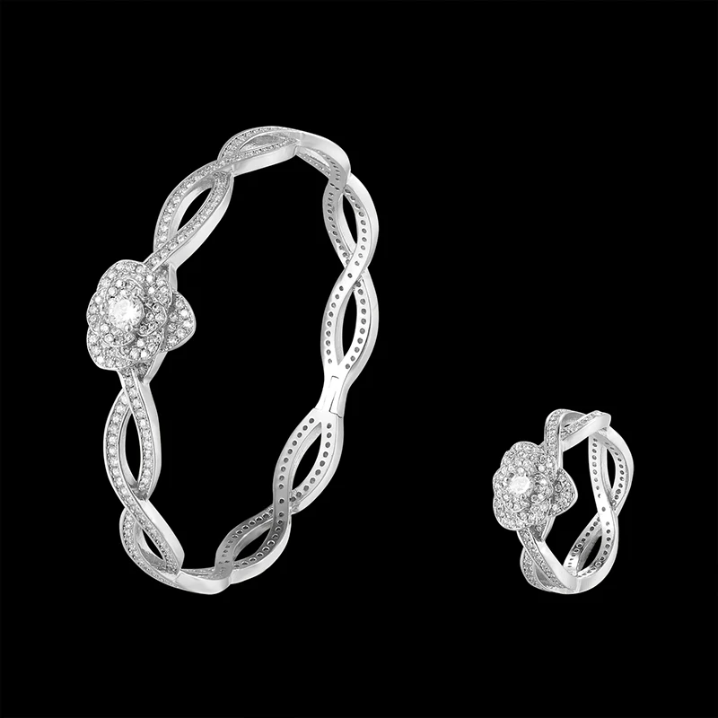 Бренд Fateama простой браслет и кольцо ювелирный набор Камелия крест все циркония