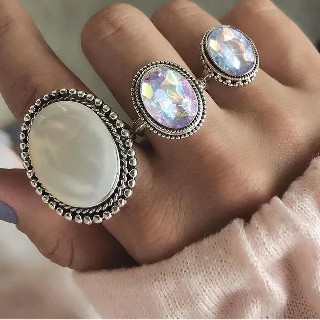 3 stones rings set Лидер продаж, женское кольцо с океанской звездой и луной, 13 шт. в наборе, ювелирные изделия, Ретро стиль, опал, корона, циркониевые кольца, модные женские аксессуары - Цвет основного камня: 3 stones rings set