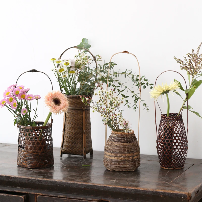 Ретро дзен китайский и японский стиль ручная работа бамбуковая плетеная корзина