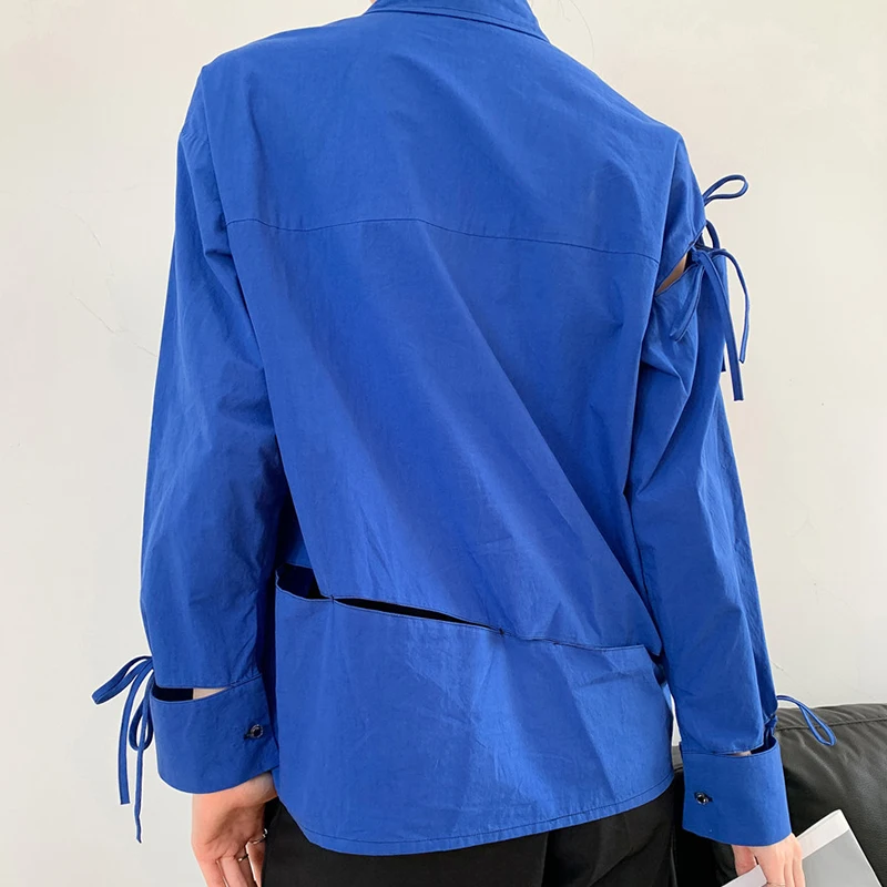 

Royal Blue Top Shirt For Ladies Stylish Irregular Spliced Lace Up Fashion Blouse Women Solid Lapel 2021 Spring Chic Blusas