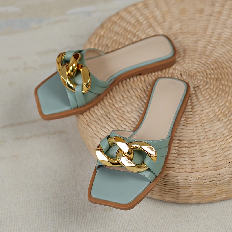 

Punk Low Heels slippers for Women Metal Decoration genuine leather Shoes Woman Summer Top Quality Casual Women Slippers