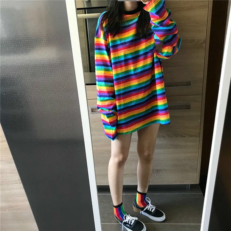 2019 весна осень большие женские футболки Длинные конфеты Уличная Повседневная