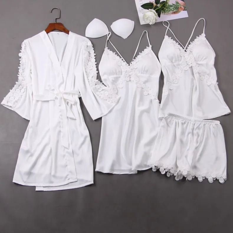 

Women Pajamas Sets Ladies Sexy Satin Lace Sleepwear 4 Pieces Sets Robe Gown Nightdress Pyjama Lounge Sets Pijama Sets Homewear