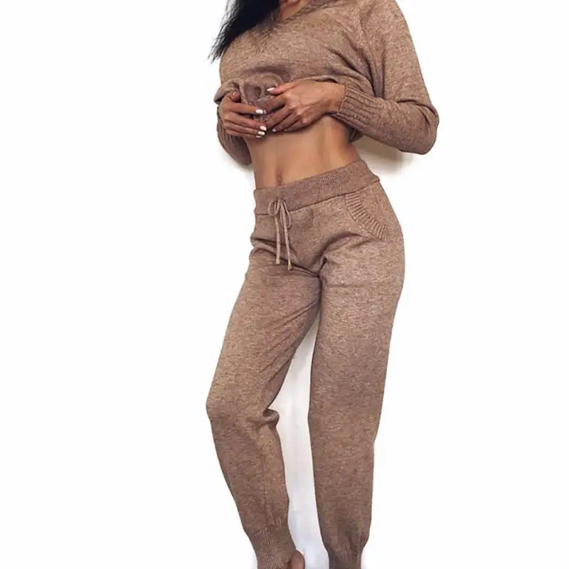 Женский вязаный простой свитер с v образным вырезом комплекты карманами Осенний