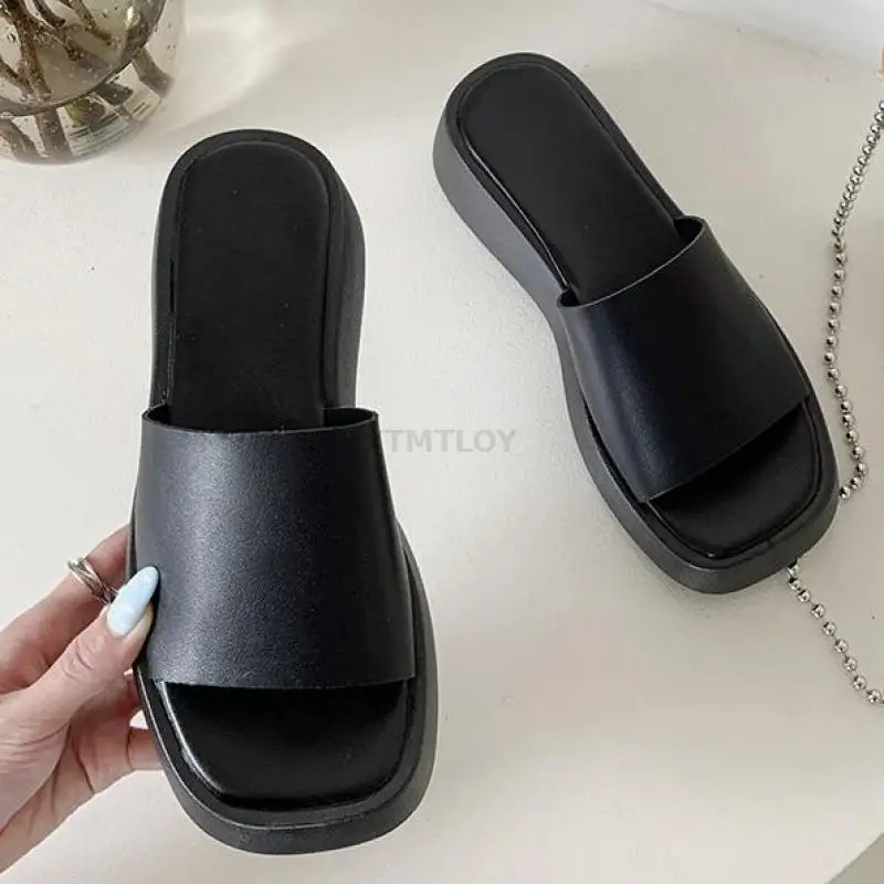 

New Women Sandals Square Toe Thick Bottom Platform Slip On Concise INS Style Ladies Footwear Indoor Ytmtloy House Sapato Feminin
