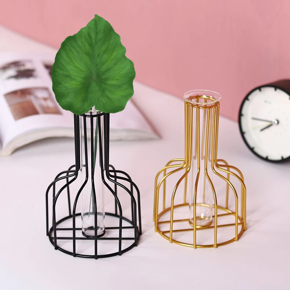 

Geometric Wrought Iron Line Flower Pot Garden Glass Hydroponic Container Metal Plant Holder Modern Flower Vase Home Decor