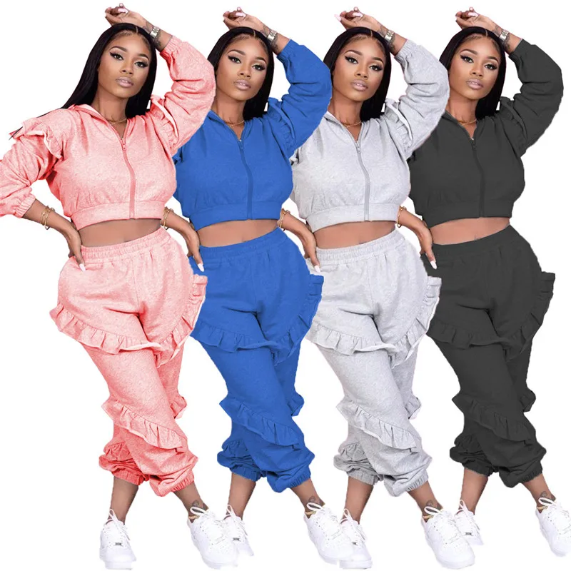 

Sweat Suits 2 Piece Outfits Women Matching Sets Hoodie Top Sweatpants Ruffles Joggers Fall Winter Clothes Wholesale Dropshipping