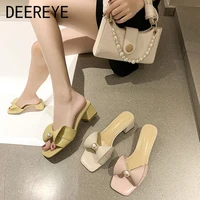 new butterfly white pearls chunky high heeled sandals slip on mules slipper elegant low womens hollow square toe ladies shoes
