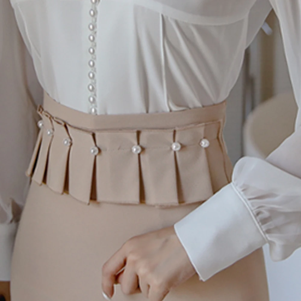 

Women's Elegant Office Suits High Waist Pencil Skirts+ Fashion Korean Style Long Sleeve Shirts Female Casual Beading Suits Set