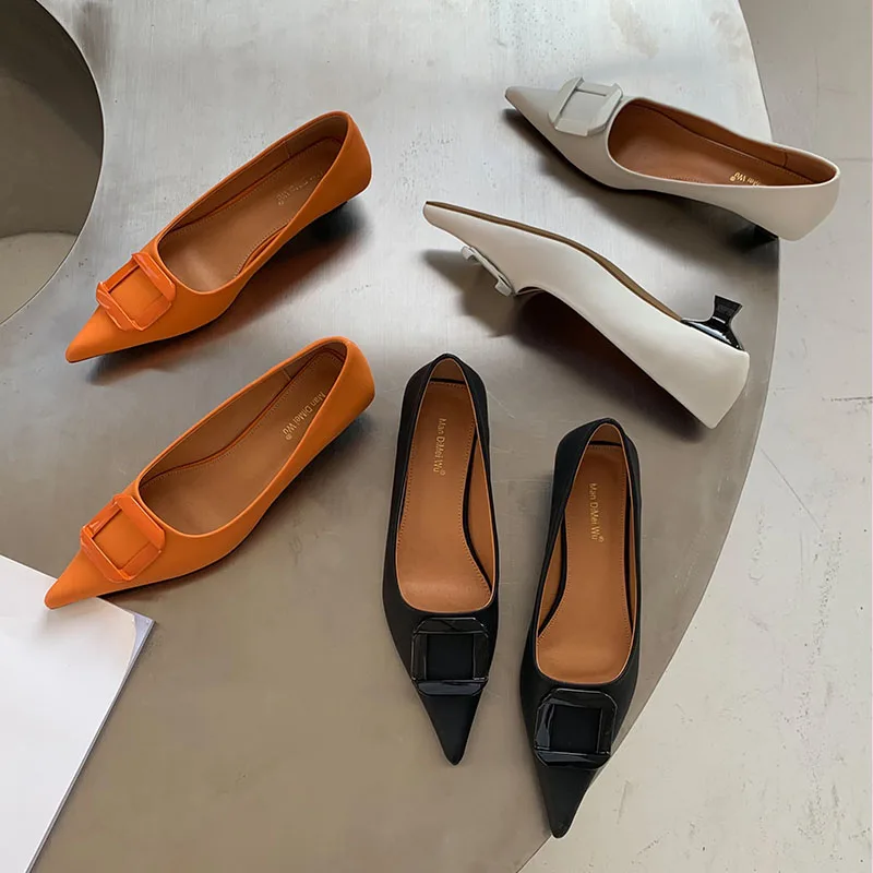 

2022 Spring Orange Women Pumps Shoes Fashion Brand Buckle Pointed Toe Slip On Shallow Slingback Shoes Thin Low Heel Office Sh