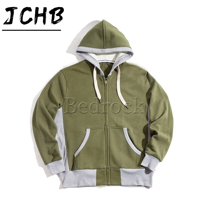 

college retro Japanese style stitching zipper hooded army green letters cotton cardigan jacket men
