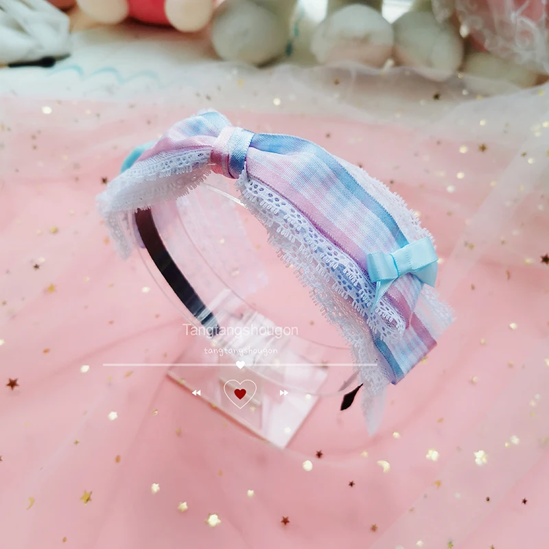 

Original Handmade Lolita Headdress Japanese Sweet Soft Sister Lace Trim Plaid Hair Clasp Bear Ears KC Hair Accessories Side Clip