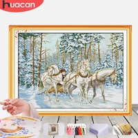huacan cross stitch horse animals needlework sets for full kits white canvas embroidery winter diy home decor 14ct