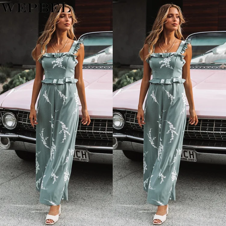 

WEPBEL Summer Sexy Ruffled Stitching Printing Jumpsuit Women's Spaghetti Strap Square Collar High Waist Wide Leg Jumpsuit
