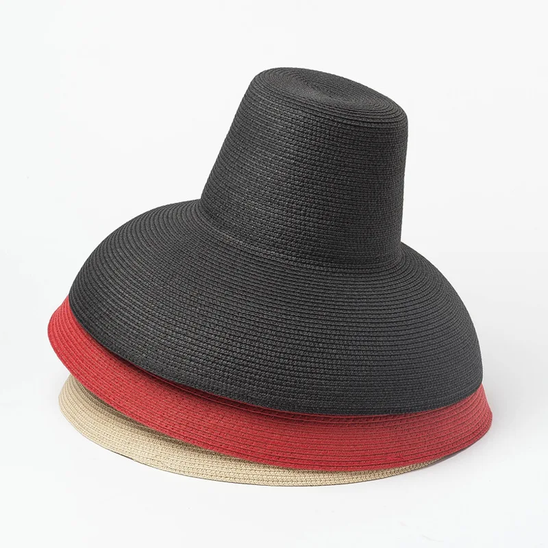 

King Wheat 2022 New Spring Summer Retro Large Brim High top Papyrus Red Women Sun Straw Hat Show Stage Beach Sunscreen Black Cap